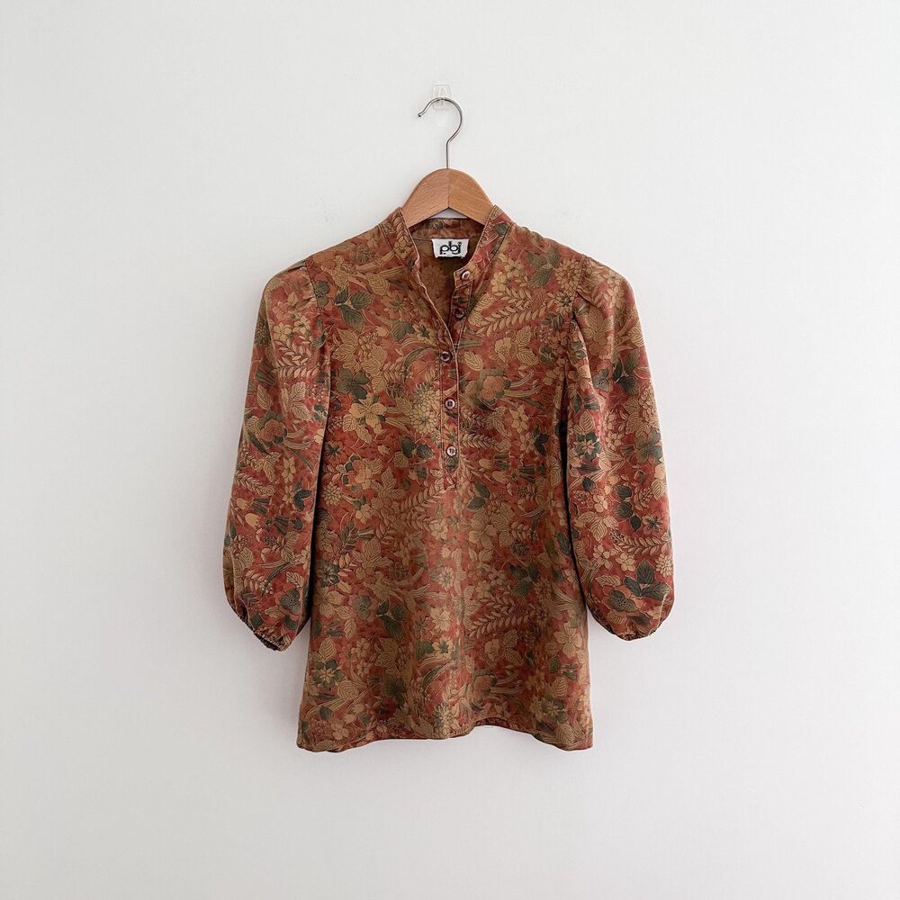 Vintage PBJ Floral Cotton Blouse Band Collar Puff Sleeve Prairie Top Size Small